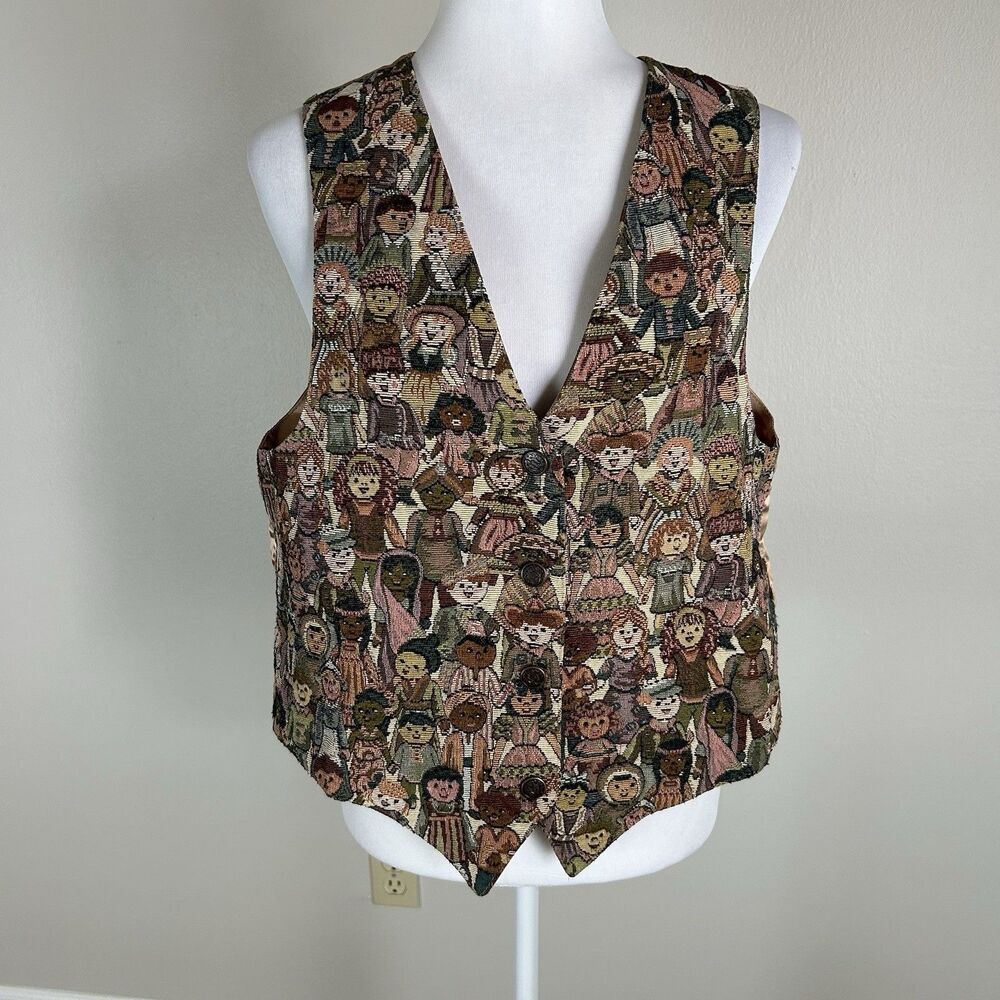 Vintage Nadia Vest Womens Large Tapestry Children Print Teacher World USA 90s